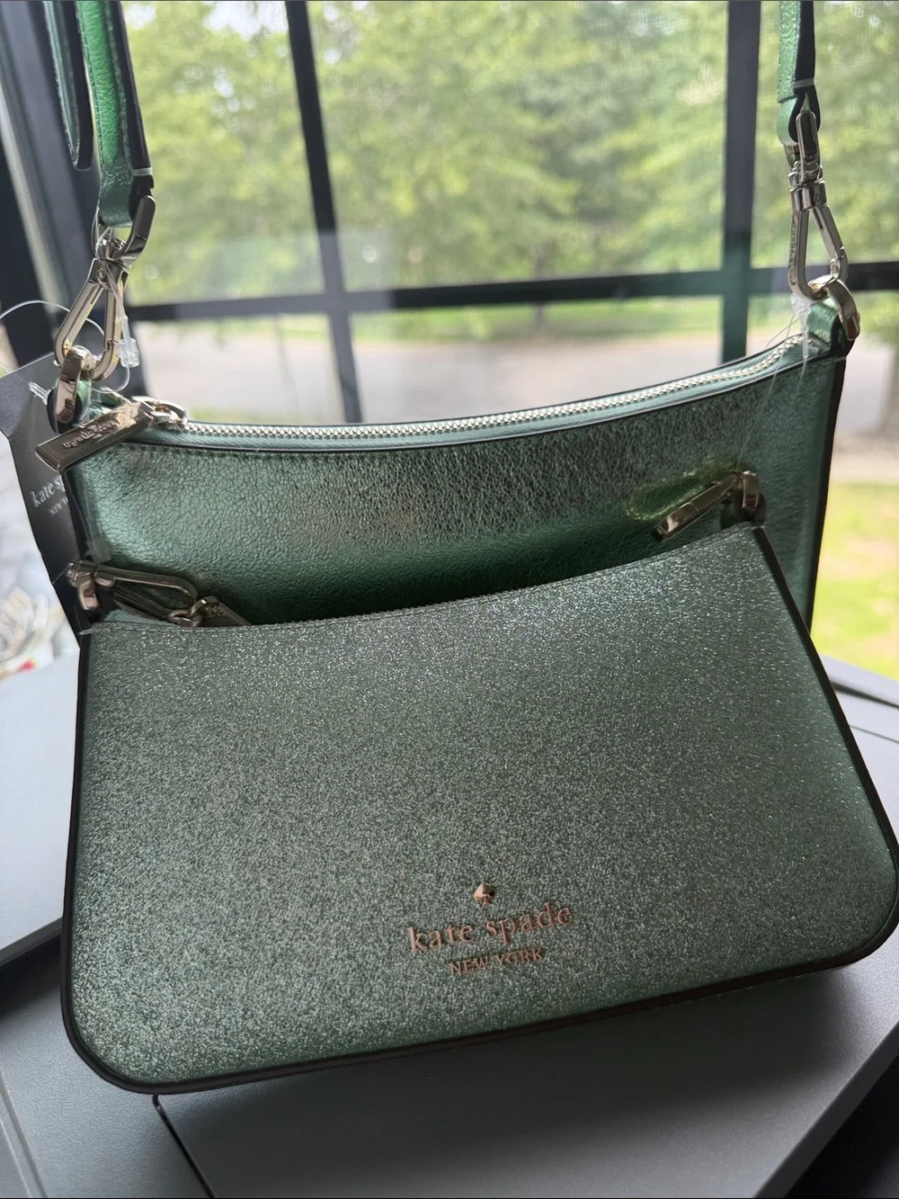 Kate Spade Sea Water Crossbody Duo Metallic Emerald Green and Glitter bags
